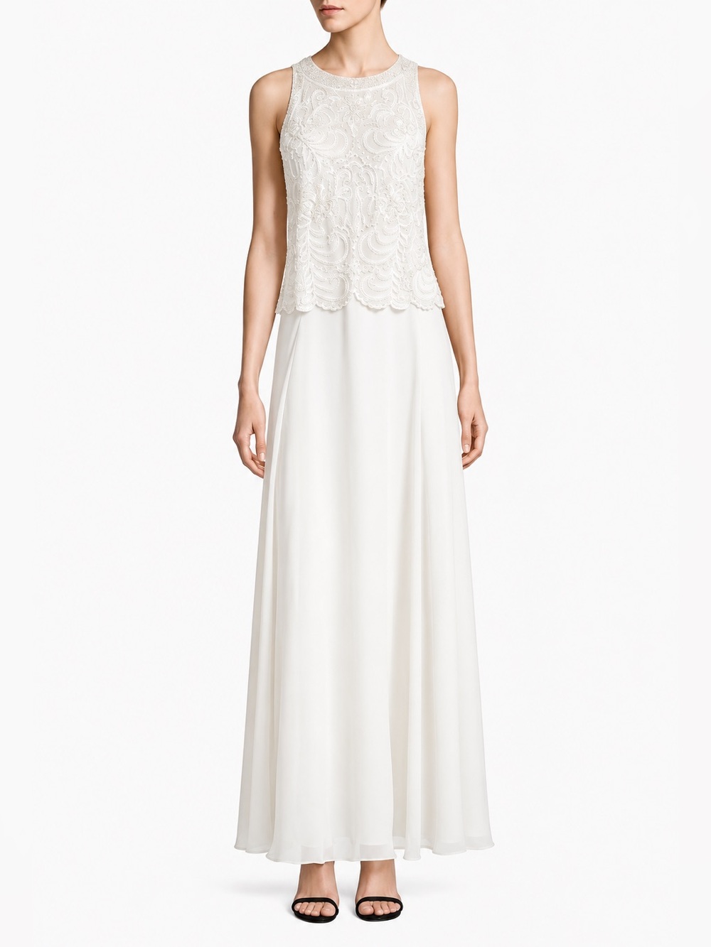 Jkara BEAUTIFUL Evening Gown Beaded Bodice Sleeveless Chiffon Dress white Sz 18